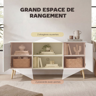 Meuble TV style scandinave 2 portes 2 niches passe-fils piètement bois pin panneaux blanc - 120 x 34 x 50 cm blanc