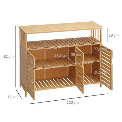 Buffet meuble de rangement 3 portes ajourées et étagères en bambou 100 x 35 x 82 cm naturel