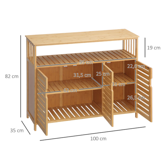 Buffet meuble de rangement 3 portes ajourées et étagères en bambou 100 x 35 x 82 cm naturel
