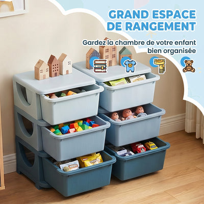 Organisateur de jouets pour enfants à 3 niveaux avec 6 tiroirs, boîtes de rangement en plastique, 75x37x56,5cm, bleu