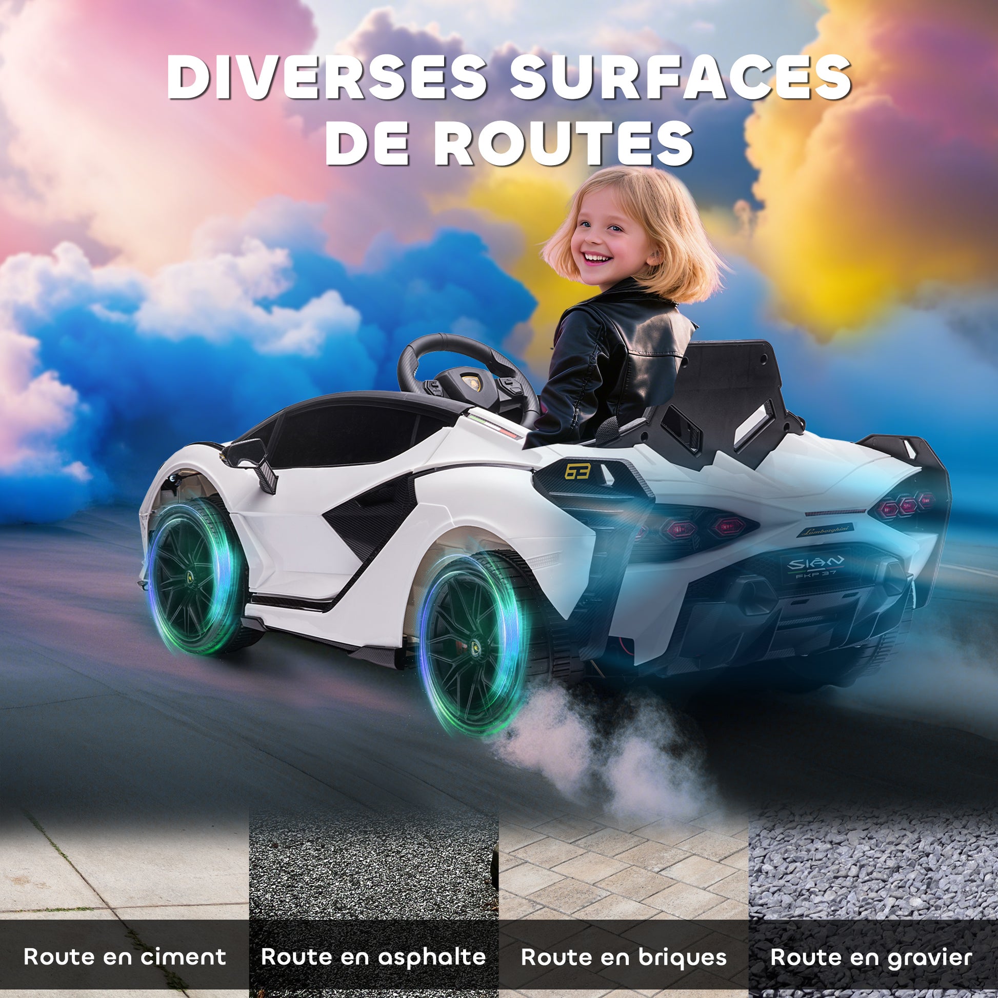 Voiture électrique Enfants de Sport Véhicule électrique Lamborghini Sian 12 V - V. Max. 5 Km/h avec Télécommande 2,4G Effets sonores + Lumineux Blanc