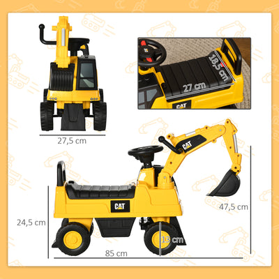 Tractopelle enfant sous licence CAT, porteur enfant, pelle manuelle, klaxon et rangement caché, 85x27,5x47,5cm, jaune