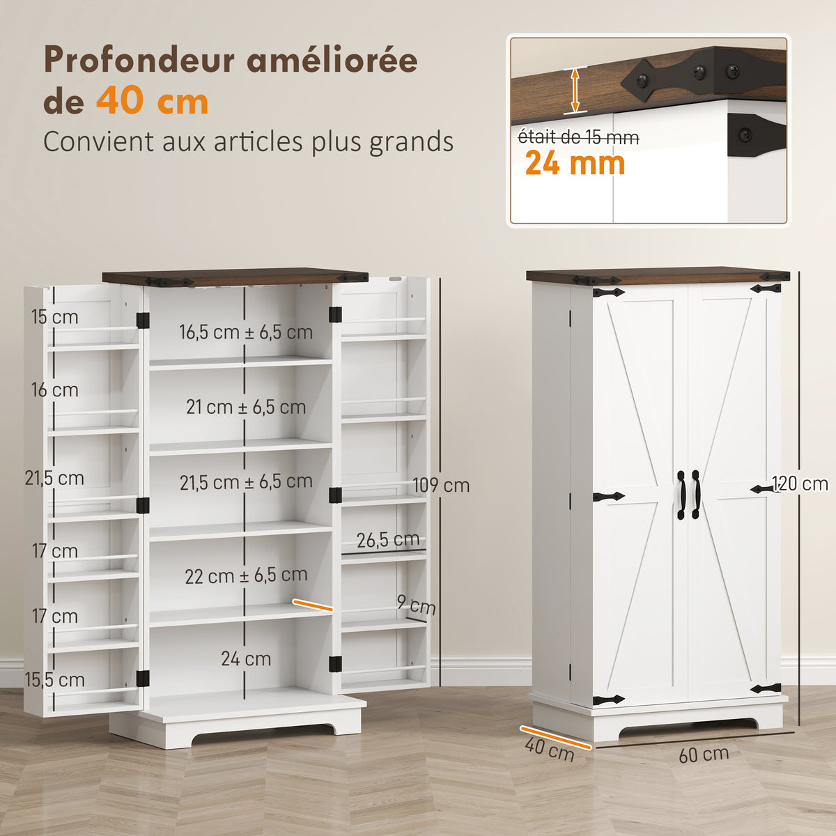 Buffet cuisine, meuble cuisine rangement, avec 12 étagères à portes, lumière LED magnétique, 60 x 40 x 120 cm, blanc