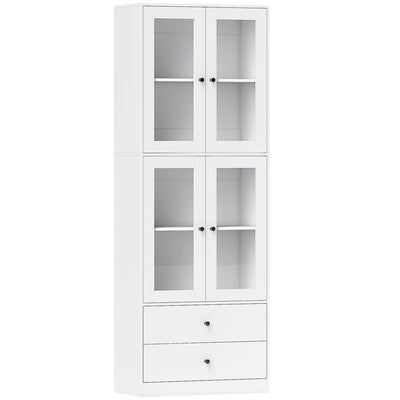Buffet haut cuisine, armoire de cuisine avec portes vitrées, tiroirs et étagères réglables, 59x30x170cm, blanc brillant