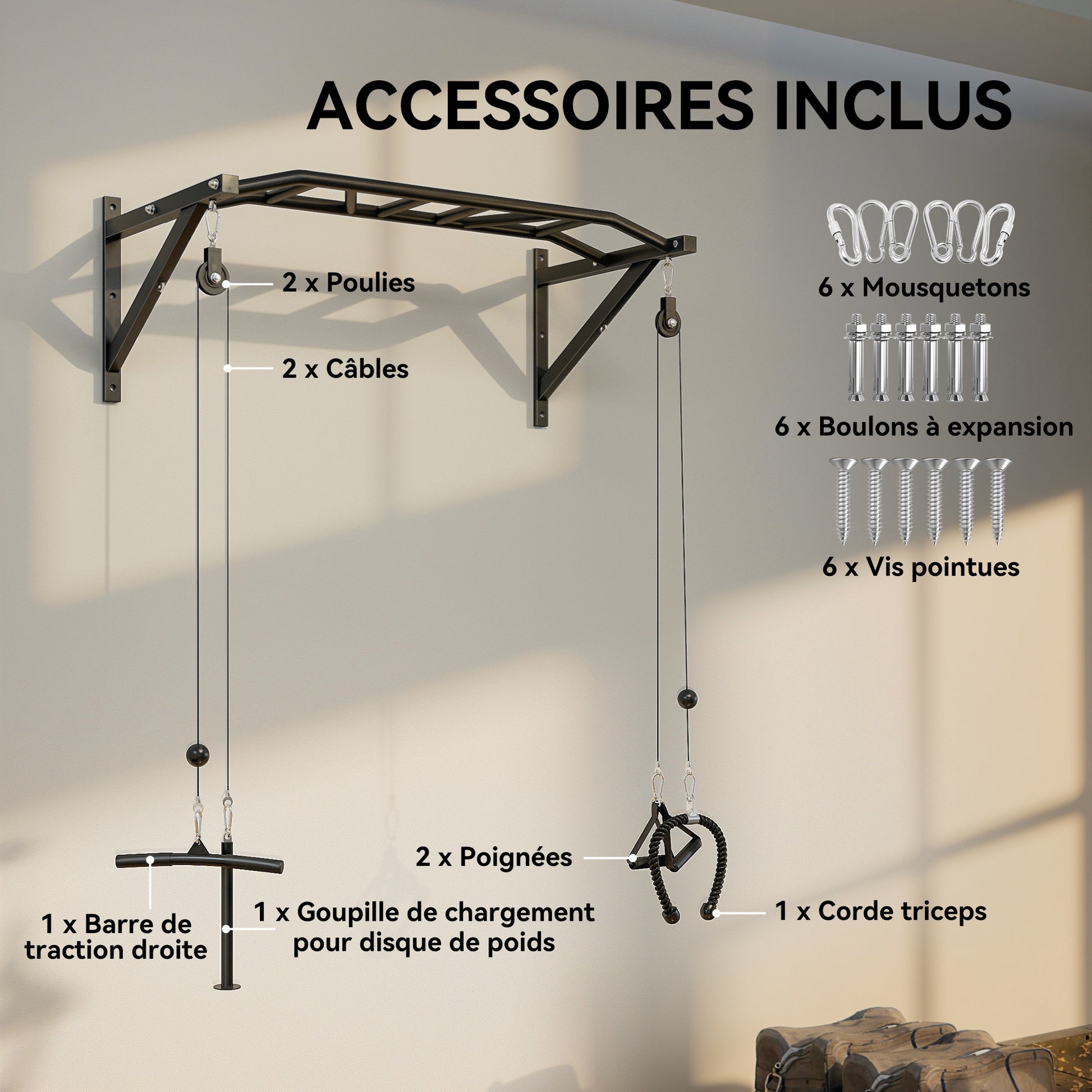 Barre de traction murale barre de fitness multi-prise système de poulie à câble charge 200kg, acier 126x60x45,5cm, noir