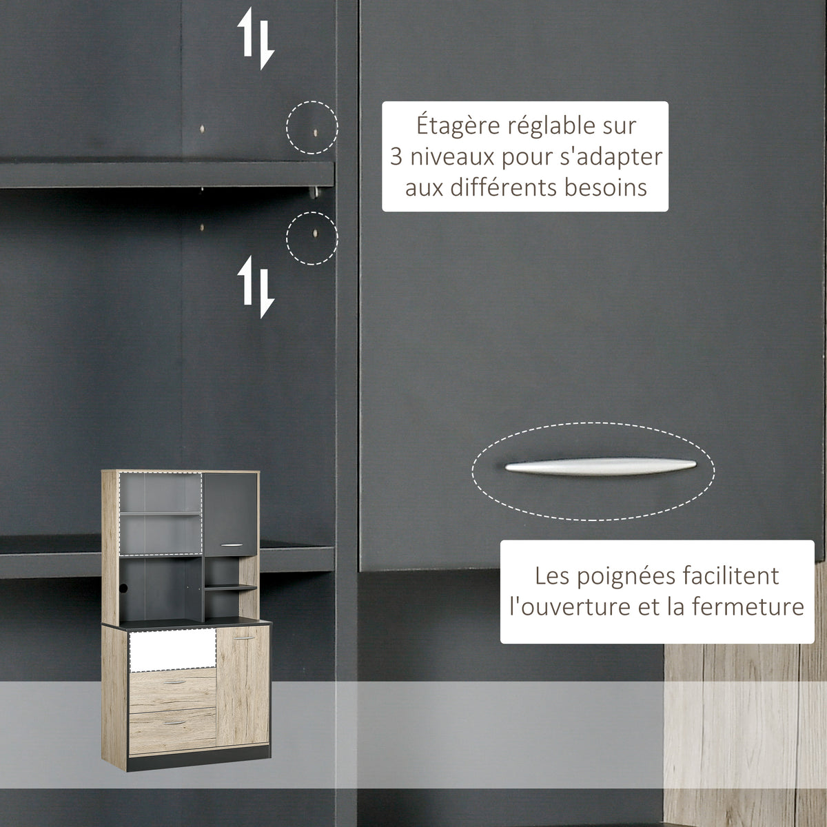 Buffet de cuisine armoire de cuisine multi-rangements 2 portes 3 tiroirs 3 étagères + grand plateau 90L x 39l x