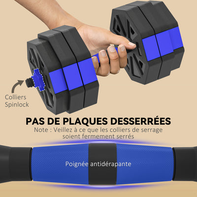 Ensemble d'haltères musculation 6-en-1 haltère réglable 25 kg kettlebell, barre de musculation support pour pompes bleu