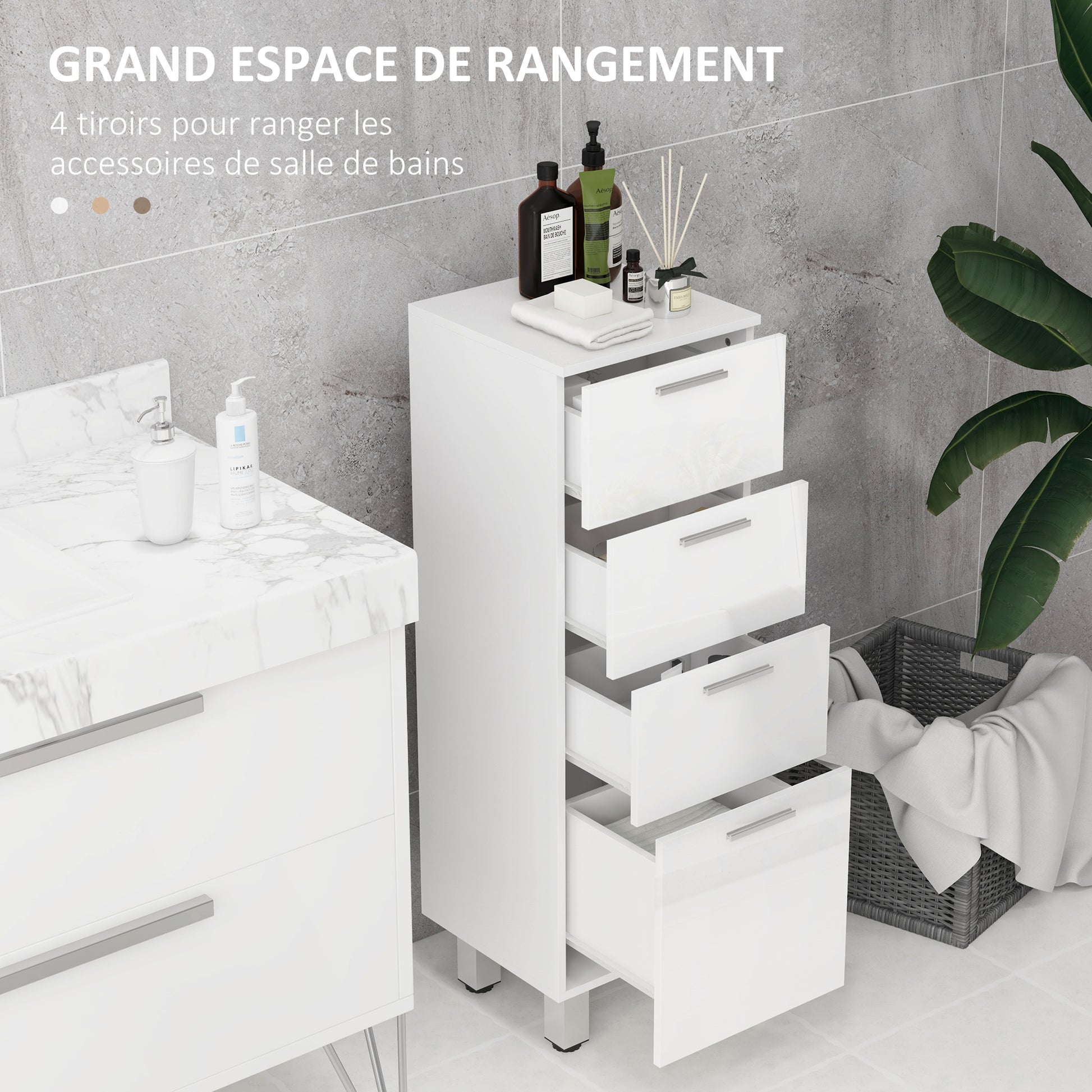 Meuble de salle de bain sur pied - 4 tiroirs et base surélevée, commode salle de bain salon chambre, 30x30x93cm, blanc