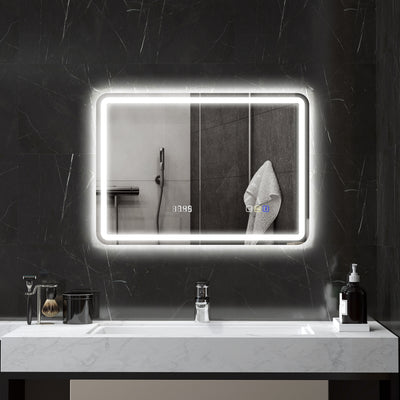 Miroir salle de bain Bluetooth avec éclairage LED 50 x 70 cm, miroir lumineux mural avec horloge, antibuée, argenté