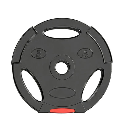 Disques de poids, plaques de poids 2 x 5 kg et 2 x 2,5 kg, à trois poignées avec trous de Ø 25 mm, noir