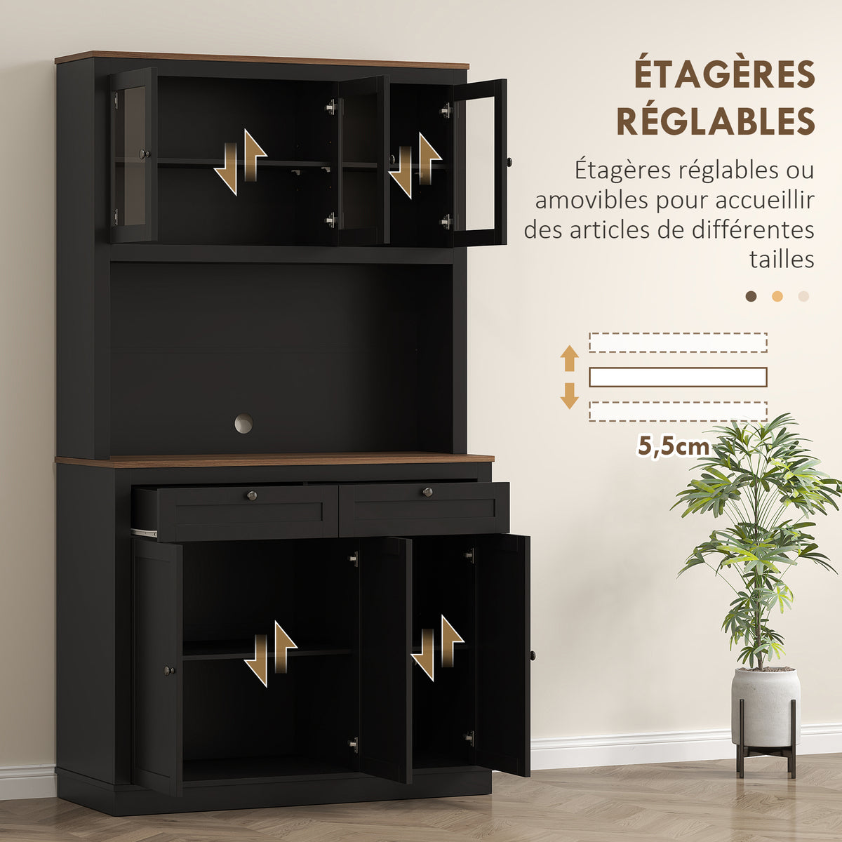 Buffet haut cuisine, armoire de cuisine, 6 portes, 2 tiroirs, plan de travail, étagères réglables, 100x40x180cm, noir