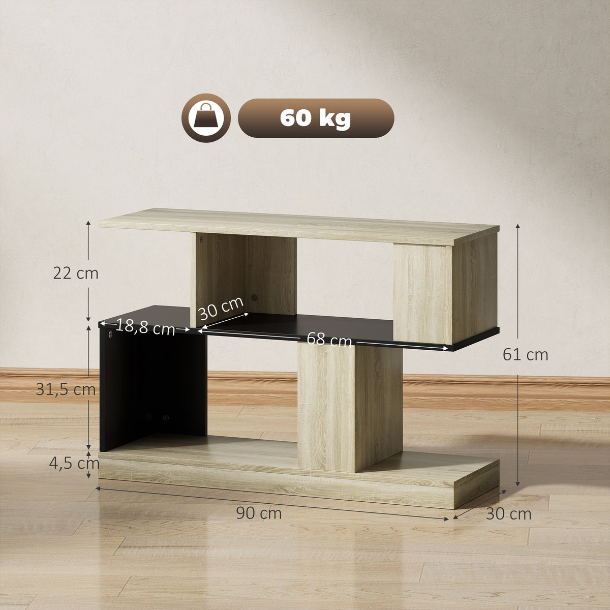 Table d'appoint en forme S, bout de canapé à 3 niveaux étagères de rangement, 90 x 30 x 61 cm, effet bois naturel noir