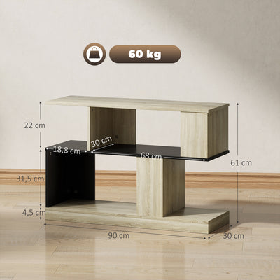 Table d'appoint en forme S, bout de canapé à 3 niveaux étagères de rangement, 90 x 30 x 61 cm, effet bois naturel noir