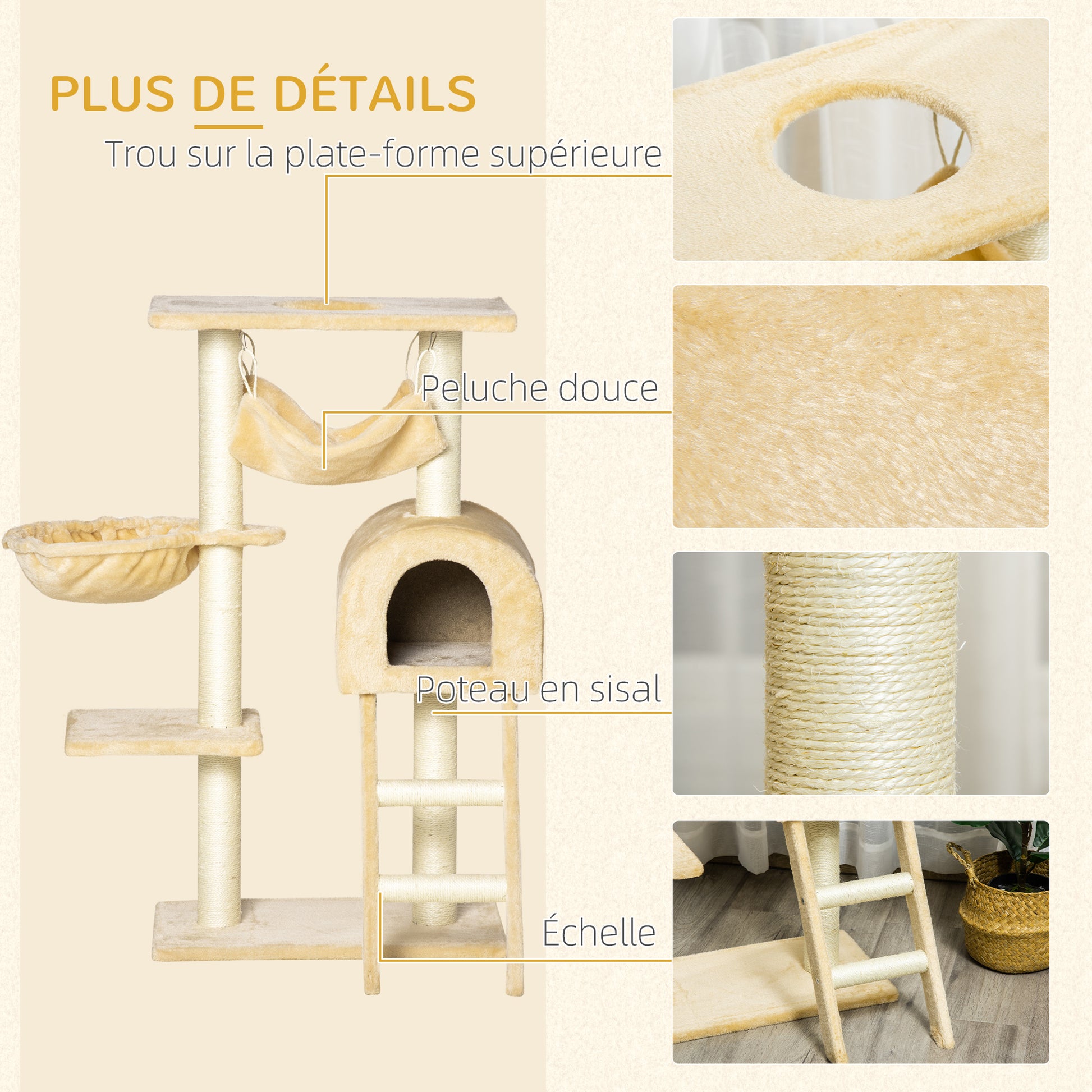 Arbre à chat griffoir arbre à grimper stable à plusieurs niveaux centre d'activités hauteur 98 cm beige