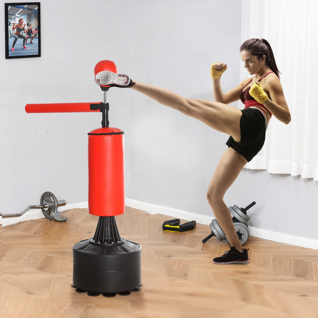 Sac de frappe sur pieds punching ball brunier 3 en 1 avec ballon de vitesse bras flexible rotatif hauteur réglable revêtement synthétique base HDPE dim. 88L x 48l x 155-205H cm noir rouge Aosom