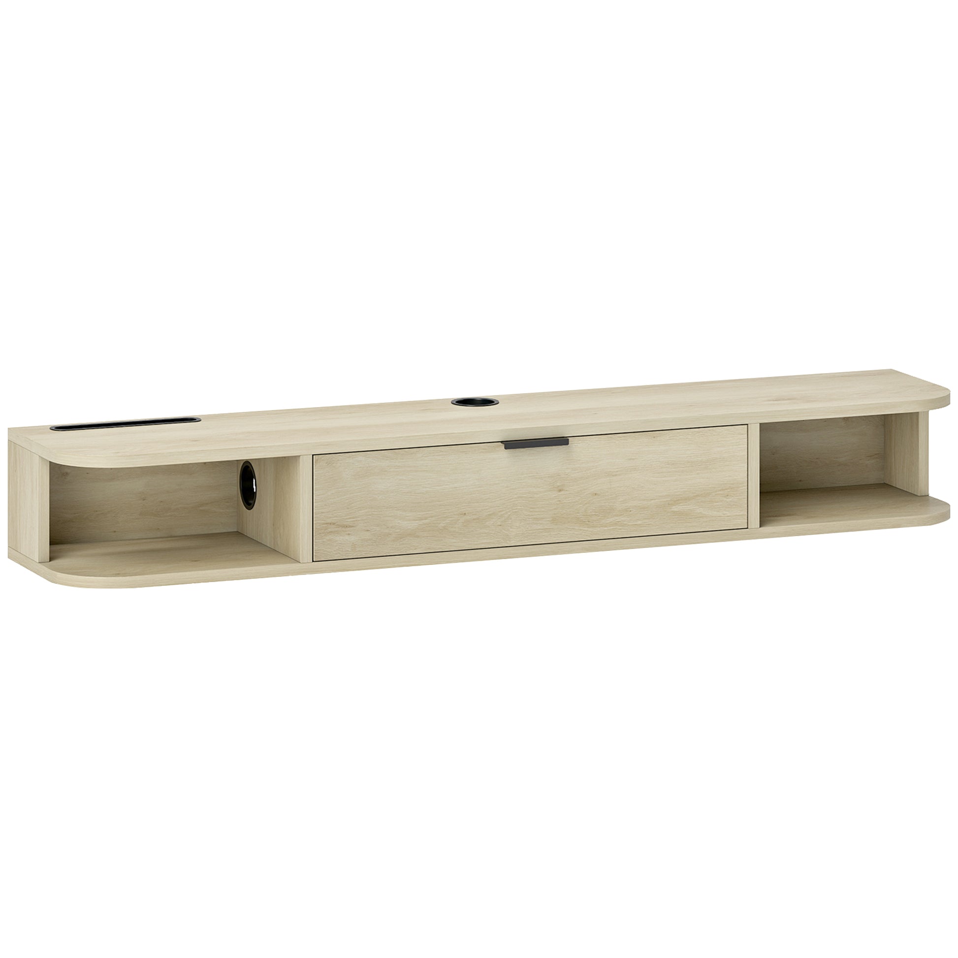 Meuble TV suspendu, meuble télé pour téléviseur jusqu'à 50 pouces, tiroir rabattable 2 étagères 120x24x16cm bois naturel