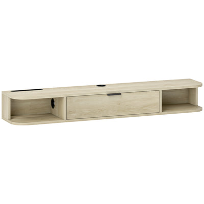 Meuble TV suspendu, meuble télé pour téléviseur jusqu'à 50 pouces, tiroir rabattable 2 étagères 120x24x16cm bois naturel