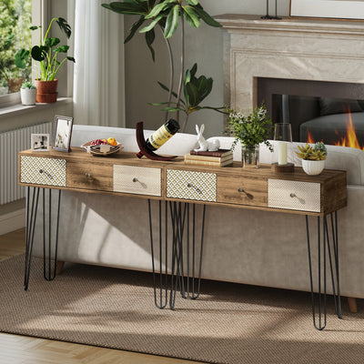 Table console avec 3 tiroirs, table d'entrée étroite avec pieds en épingle à cheveux en acier, 90 x 30 x 75 cm, marron