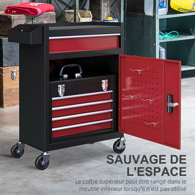 Armoire à outils verrouillable sur roulettes avec 5 tiroirs et armoire, sur roulettes pour l'atelier et la maison, rouge