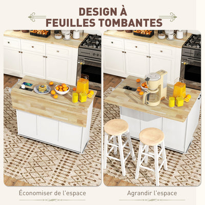 Îlot central cuisine mobile avec prise de courant et port USB, tablette à abattant, étagère réglable blanc