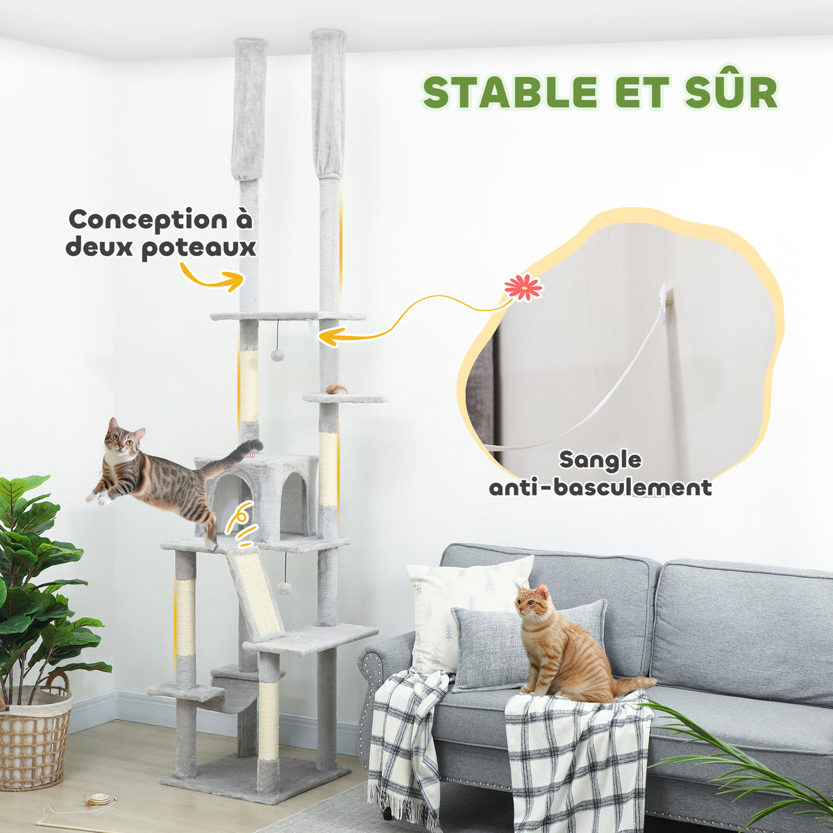 Arbre à chat du sol au plafond griffoir pour chat hauteur réglable 225-255 cm 6 niveaux avec niche hamac gris clair