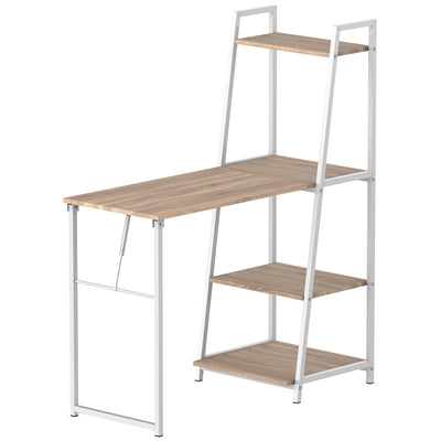 Bureau Pliable Rabattable - Bureau bibliothèque 2 en 1-4 étagères - Imitation Bois chêne Clair métal Blanc