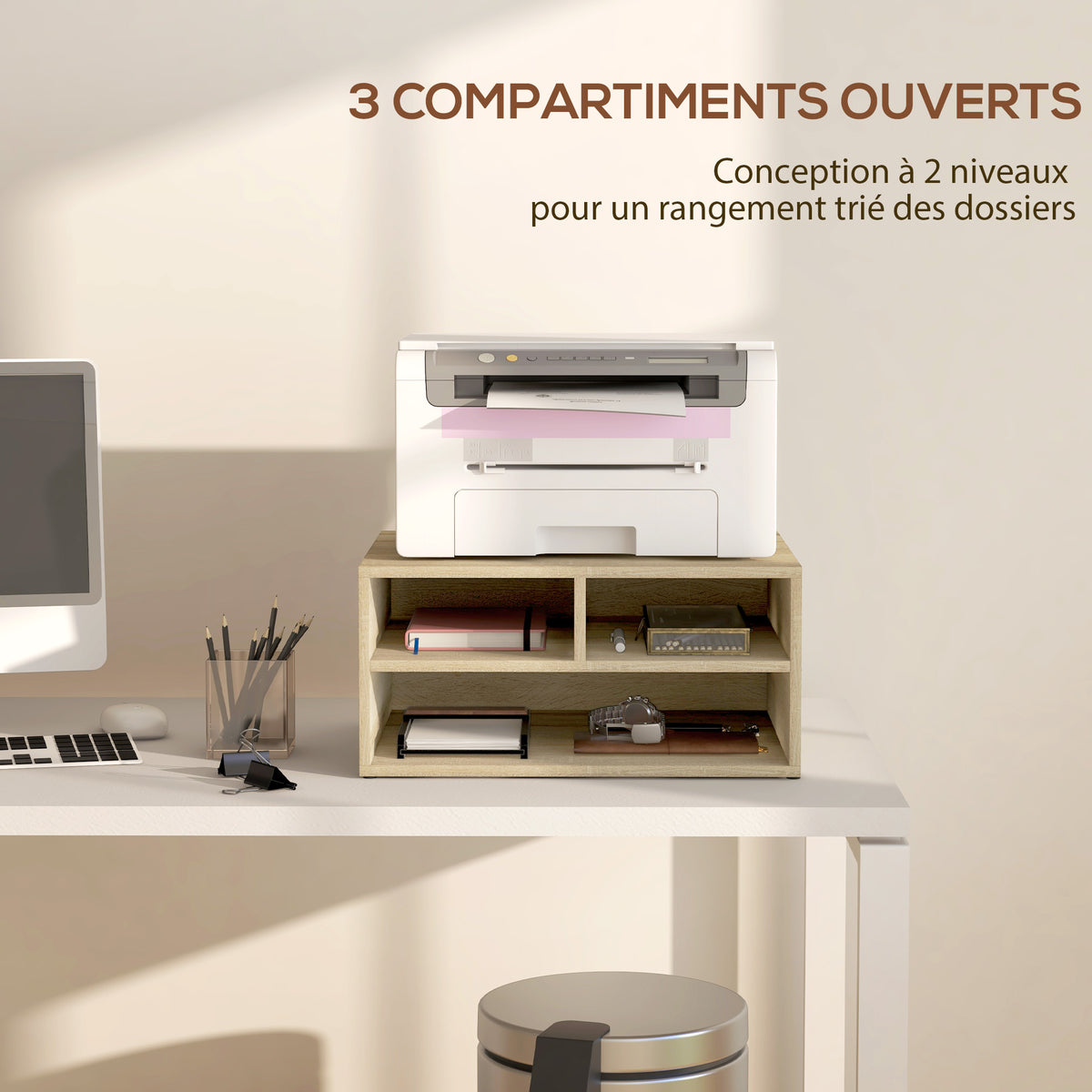Organiseur bureau aspect bois avec 3 compartiments fournitures support d'imprimante dim. 47L x 40l x 22,5H cm