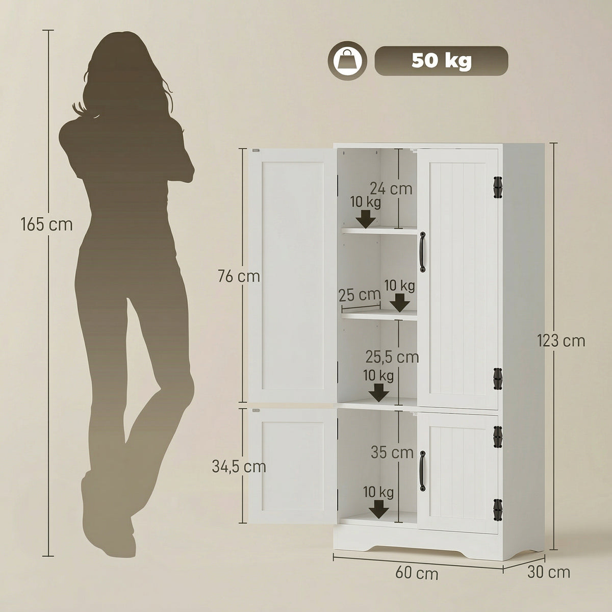 Buffet de cuisine armoire de cuisine contemporaine multi-rangements 2 placards 3 étagères 60 x 30 x 123 cm blanc