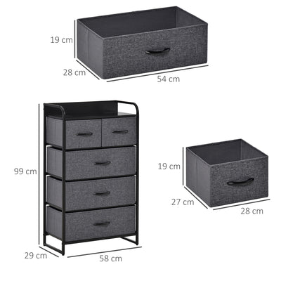 Commode Meuble de Rangement 5 tiroirs Pliables en Tissu 58 x 29 x 99 cm Gris