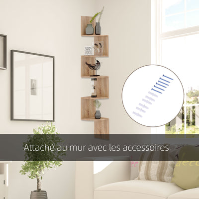 Étagère d'angle Murale de Rangement Forme Zigzag 20L x 20l x 126H cm 5 Niveaux Bois chêne Clair