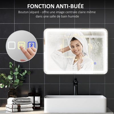 Miroir salle de bain Bluetooth avec éclairage LED 50 x 70 cm, miroir lumineux mural avec horloge, antibuée, argenté