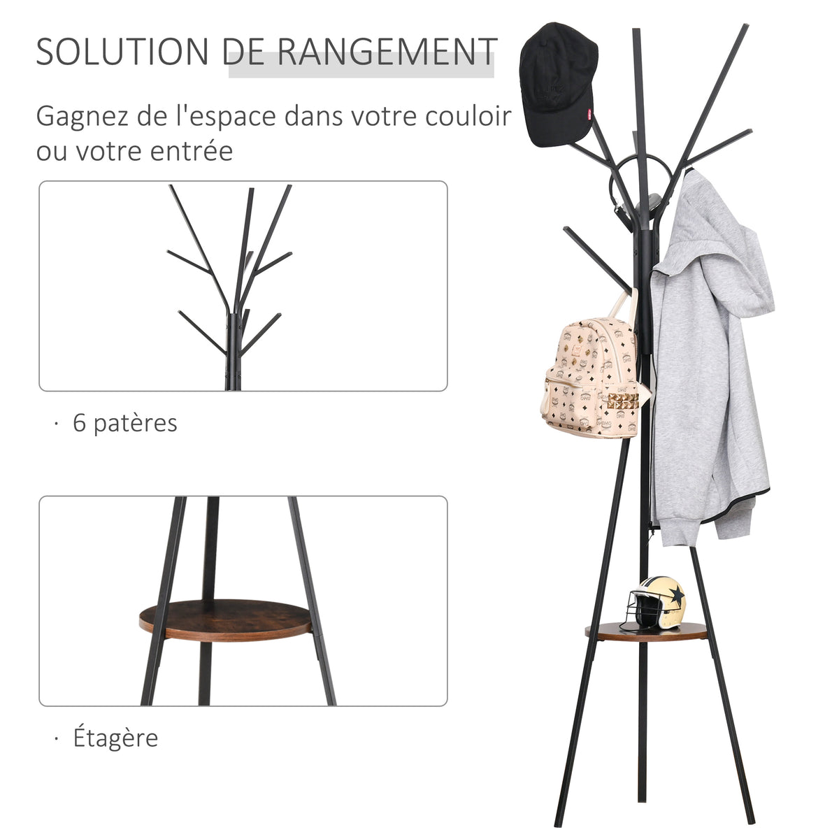 Porte-manteau trépied design contemporain branches étagère + 9 patères dim. 45L x 45l x 180H cm métal marron