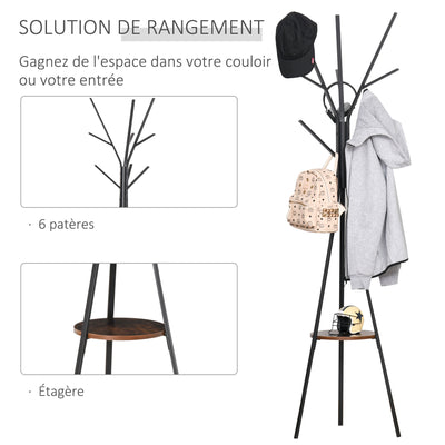 Porte-manteau trépied design contemporain branches étagère + 9 patères dim. 45L x 45l x 180H cm métal marron