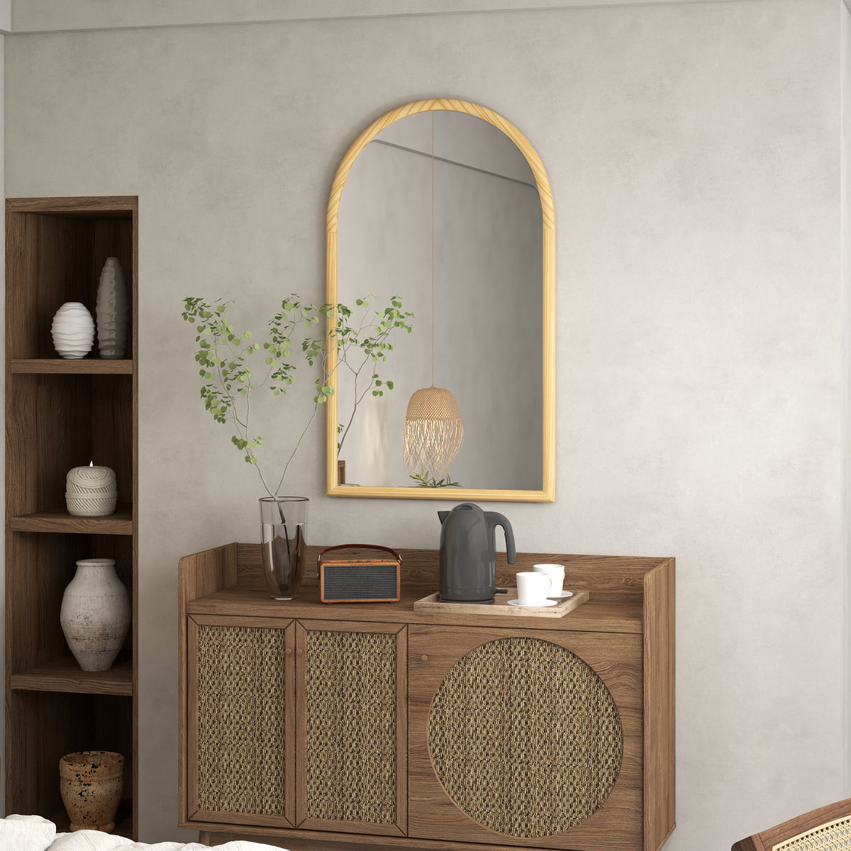 Miroir mural arche, 110 x 65 cm Cadre en bois, Miroir arqué pour le salon, la chambre, l'entrée, bois naturel