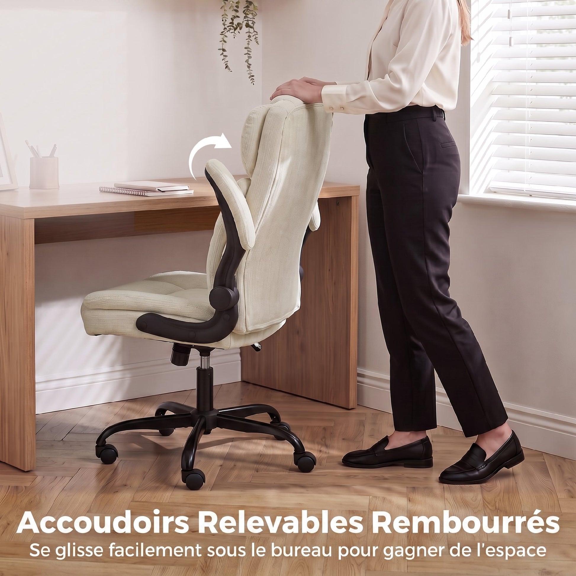 Chaise de Bureau Ergonomique en Chenille, Fonction Bascule, Accoudoirs Relevables, Hauteur Réglable, 70x67x108cm, Beige