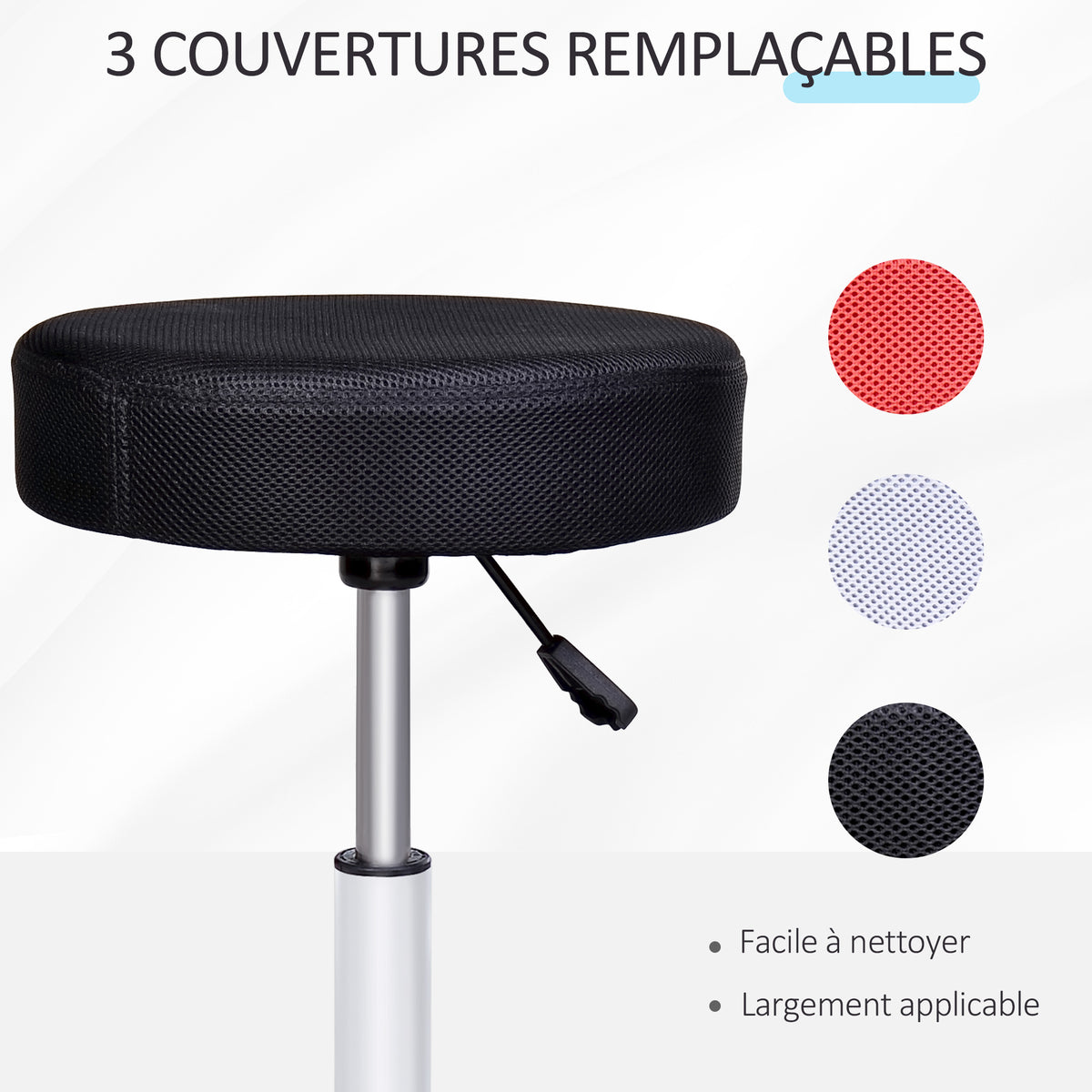 Tabouret massage a roulettes reglable en hauteur pivotant avec trois couleurs de housse de protection