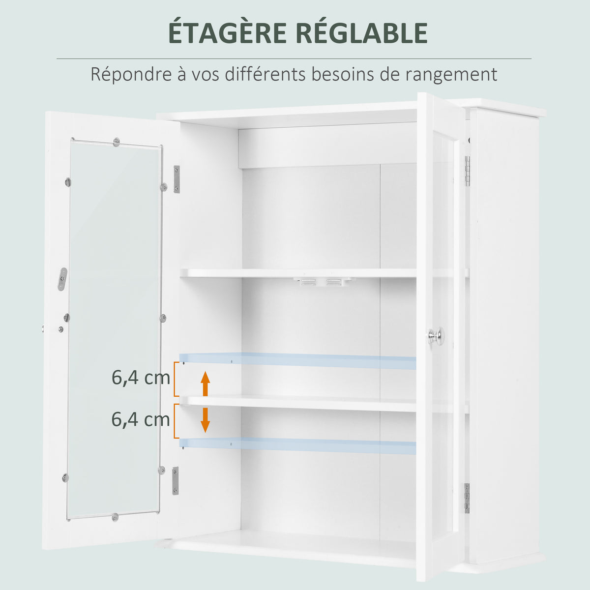Armoire murale de salle de bain, meuble haut salle de bains avec 2 portes en verre, étagère réglable, 55x20x65cm, blanc