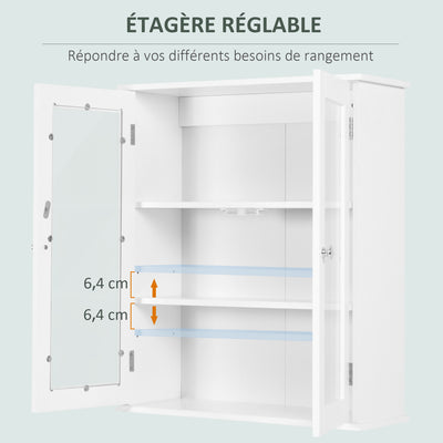 Armoire murale de salle de bain, meuble haut salle de bains avec 2 portes en verre, étagère réglable, 55x20x65cm, blanc