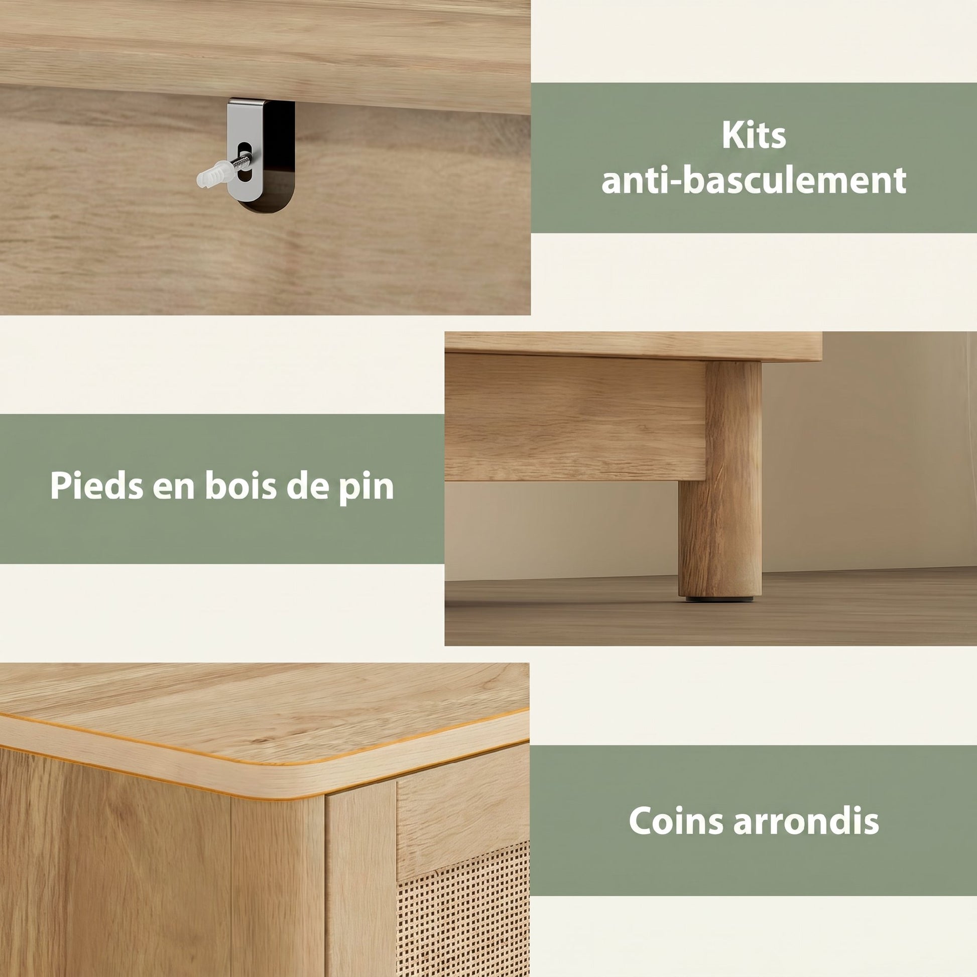 Commode 3 Tiroirs en Rotin, Meuble de Rangement, Chiffonnier, Pieds en Bois Massif, Style Bohème, 76x35x76cm, Chêne