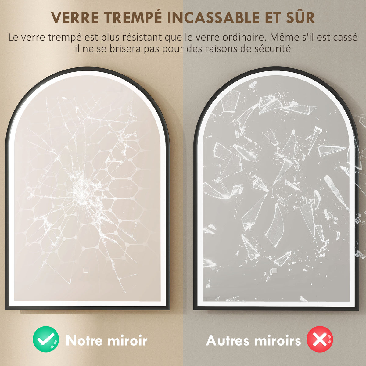 Miroir salle de bain avec éclairage 50 x 70 cm, miroir LED arqué, anti-buée, 3 couleurs lumière, dimmable, mémoire, noir