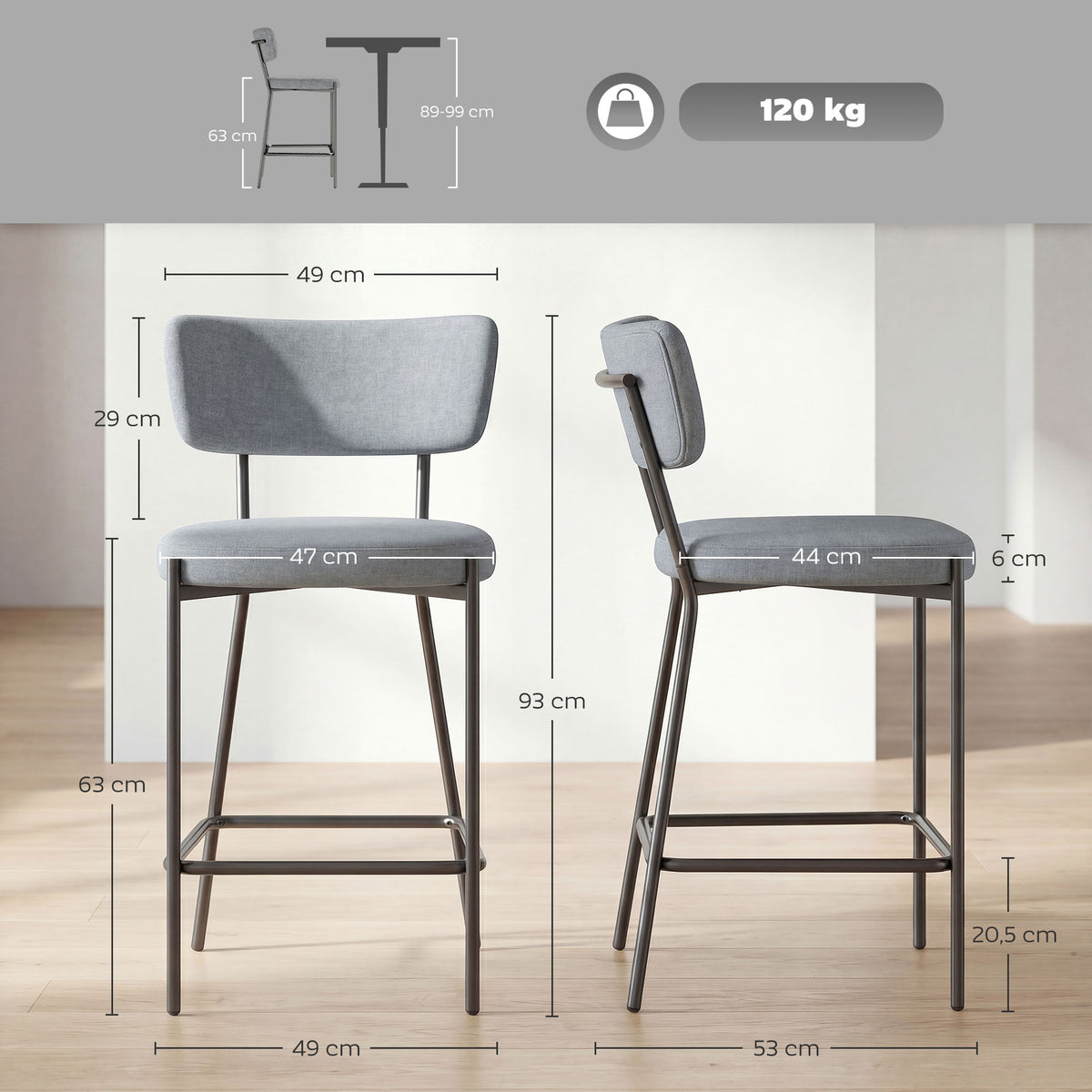 Lot de 2 tabourets de bar, chaises de bar, assise rembourrée, dossier courbé et repose-pieds, 49 x 53 x 93 cm, gris