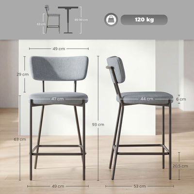 Lot de 2 tabourets de bar, chaises de bar, assise rembourrée, dossier courbé et repose-pieds, 49 x 53 x 93 cm, gris