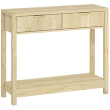 Console meuble 90 cm, table console étroite avec 2 tiroirs rainurés et étagère, style moderne, bois naturel