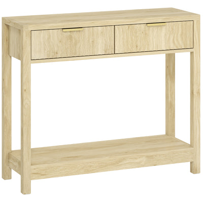 Console meuble 90 cm, table console étroite avec 2 tiroirs rainurés et étagère, style moderne, bois naturel