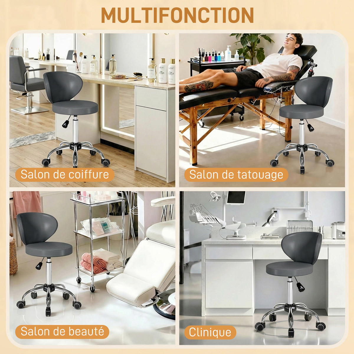 Tabouret à roulettes, tabouret de massage en PU avec hauteur réglable 73-88 cm et dossier, pivotant 360°, gris