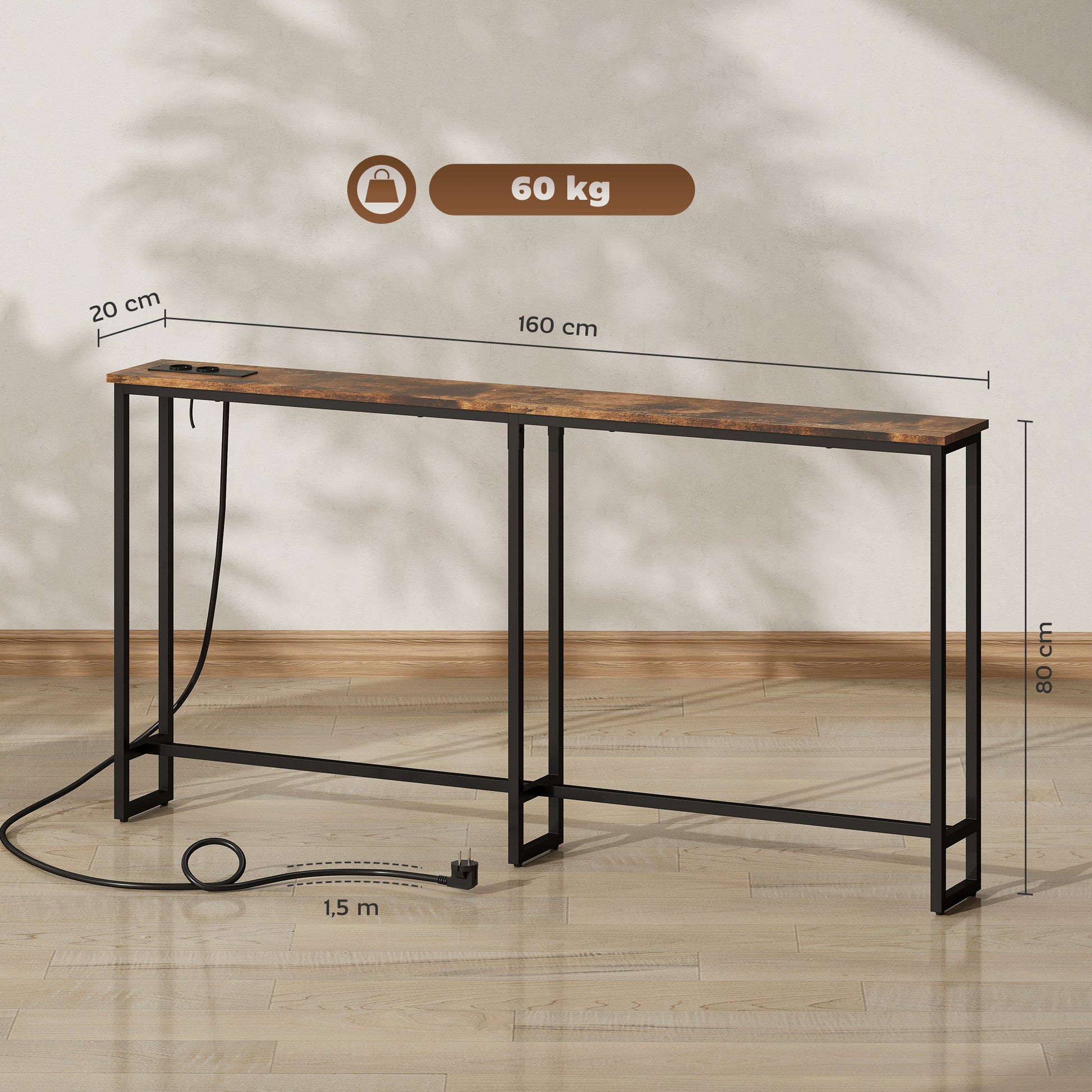 Table console étroite style industriel avec prises de courant et USB, pour salon entrée couloir, 160x20x80cm, marron