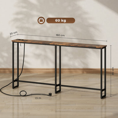 Table console étroite style industriel avec prises de courant et USB, pour salon entrée couloir, 160x20x80cm, marron