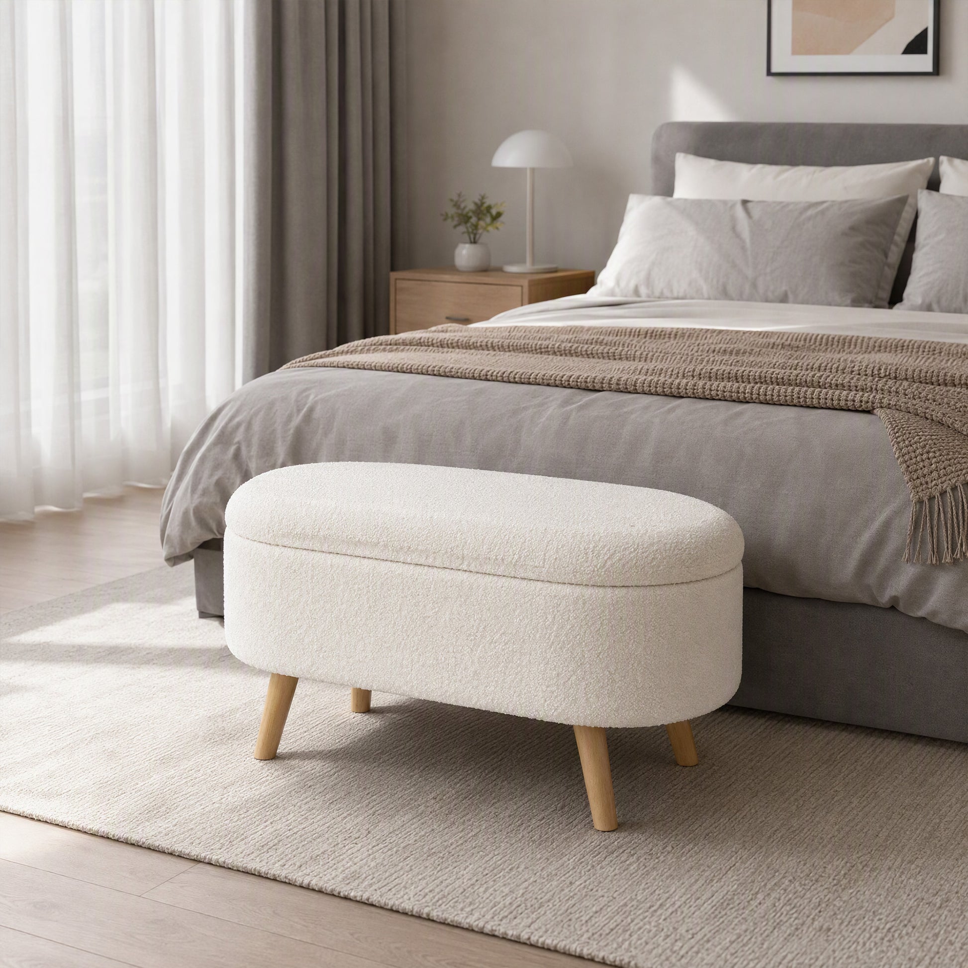 Banc de Rangement, Bout de Lit Rembourré en Peluche Teddy avec Couvercle et Pieds en Bois, 82 x 41 x 45 cm, Blanc