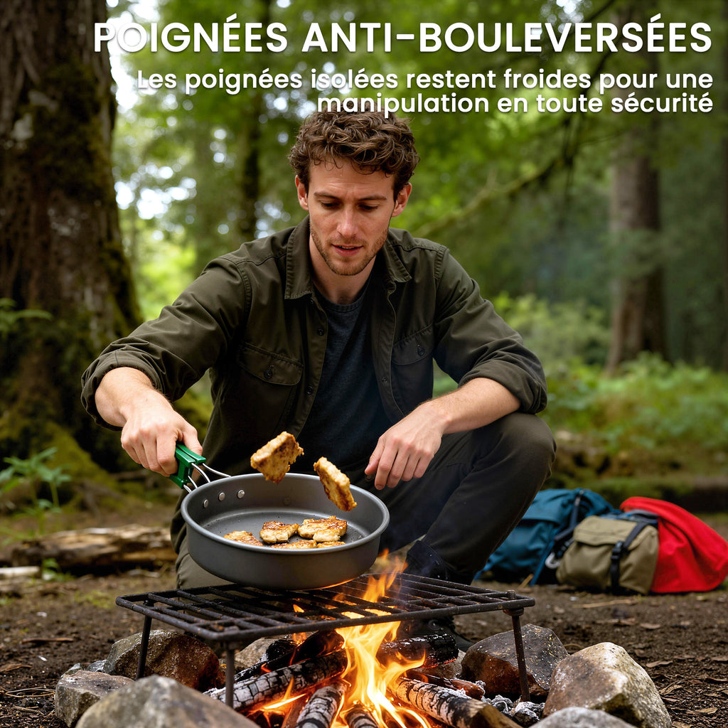Kit de Casseroles Camping en Aluminium 11 Pcs, avec Sac de Rangement et Poignées Anti-Brûlures, Ø19x10cm, Gris
