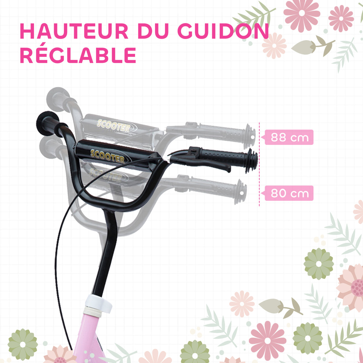 Trottinette enfant patinette pneus 30 cm Hauteur Guidon réglable poignée Frein et béquille Acier pour enfants à partir de 5 ans Rose